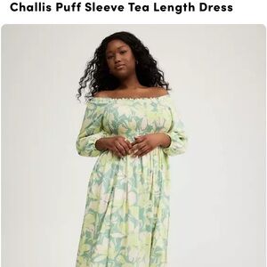 Torrid Challis Puff Sleeve Tea Length Dress - Green Floral